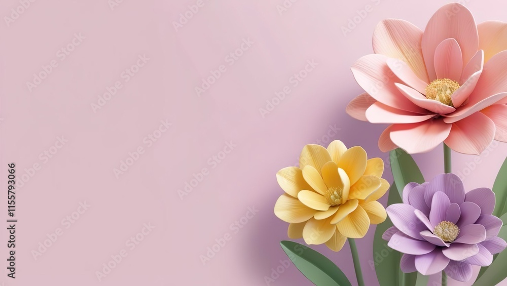 Fototapeta premium Elegant spring flowers arranged on a soft pink pastel background with gentle light modern minimal style. Seasonal floral concept for Spring 2026, ideal for branding, beauty, wellness, design projects.