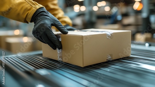 Worker prepares package for shipping in a busy warehouse during the day