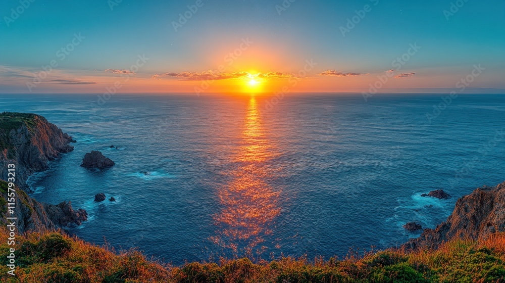Dramatic coastal sunset over a calm ocean with rocky cliffs. Dramatic coastal sunset over a calm ocean with rocky cliffs.