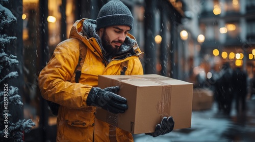 Man wearing orange coat holding a package in a snowy city street during winte...