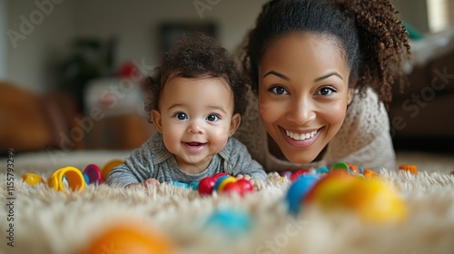 Smiling mother and baby playing with colorful toys on soft rug in cheerful in...