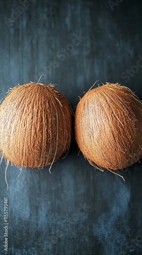 Natural coconut husks arranged symmetrically against a textured background fo...