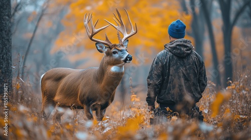 Two hunters observing a majestic buck in a forest during autumn
