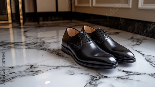 Polished black dress shoes on elegant marble floor in stylish modern setting
