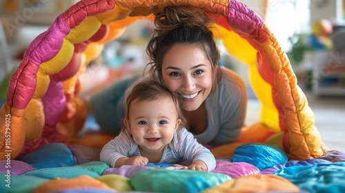 Joyful mother and baby bonding during playtime on a cozy floor mat in a brigh...