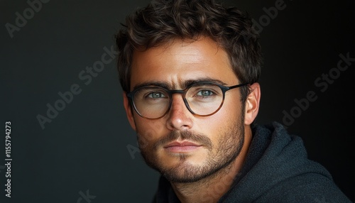 Man with glasses exhibits a thoughtful look in a dimly lit room, emphasizing his features