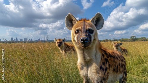 Hyenas roam in grasslands at sunset showcasing their natural behavior in the ...