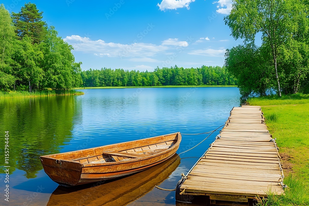 Rustic Pier with Rowboat on Serene Lake Rustic Pier with Rowboat on Serene Lake