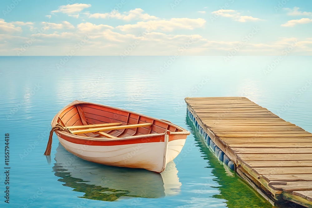 Obraz premium Rustic Pier with Tied Rowboat on Calm Waters