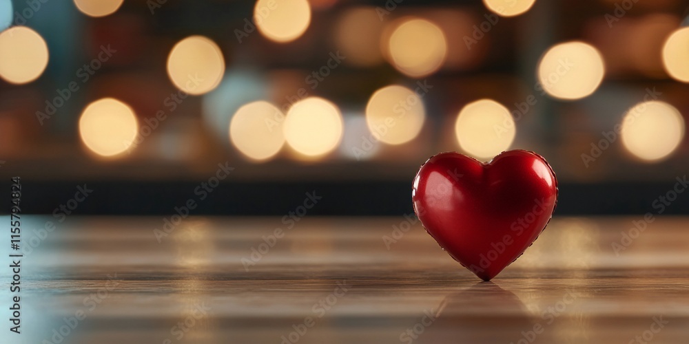 Romantic Red Heart on Wooden Table Bokeh Lights Background Romantic Red Heart on Wooden Table Bokeh Lights Background