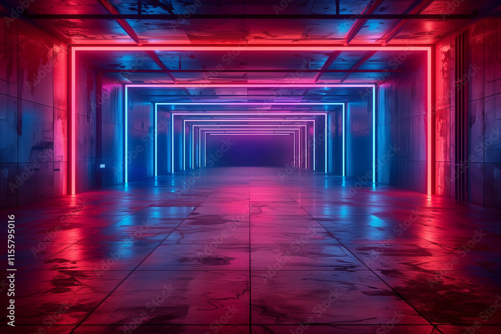 An empty futuristic indoor space illuminated by vibrant neon lights in red and blue hues, reflecting off polished concrete floors An empty futuristic indoor space illuminated by vibrant neon lights in red and blue hues, reflecting off polished concrete floors