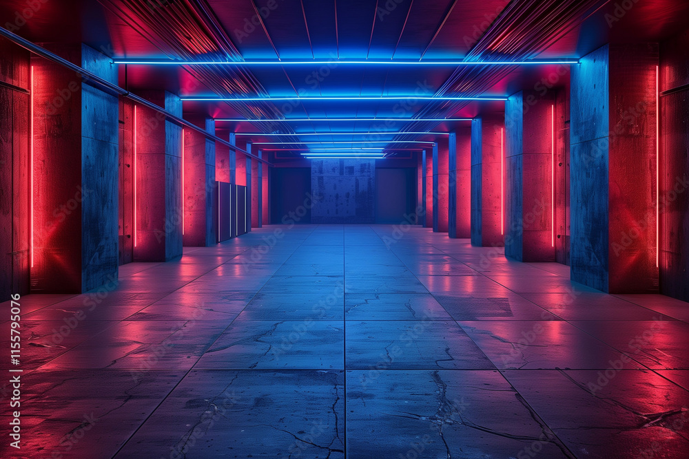 Fototapeta premium An empty futuristic indoor space illuminated by vibrant blue and red lights with sleek concrete pillars