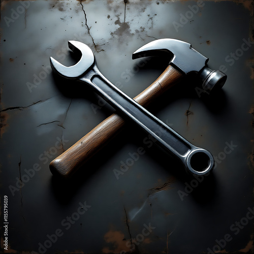 Dynamic shot of a wrench and hammer on a dark matte surface, industrial and professional presentation