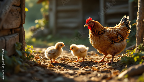 Mother hen with chicks near a traditional farm, soft morning light, farm animals