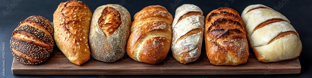 A wooden board with a variety of freshly baked bread loaves, baguettes, and rolls. A wooden board with a variety of freshly baked bread loaves, baguettes, and rolls.