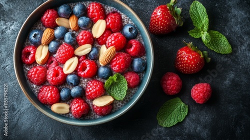 Bright and fresh berry bowl with almonds and mint on a dark surface