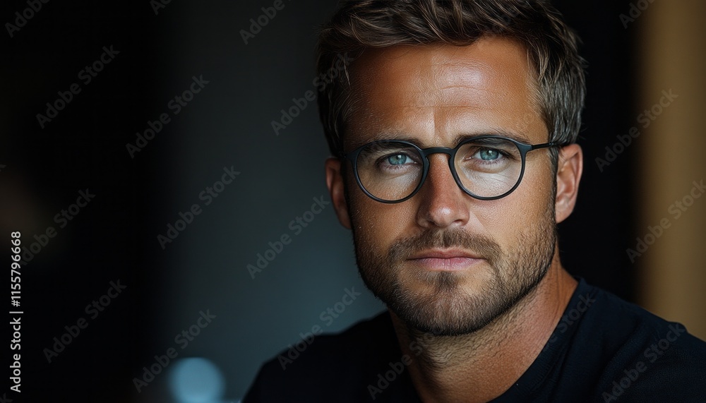 A young man with glasses gazes intensely, highlighting his confidence and style A young man with glasses gazes intensely, highlighting his confidence and style