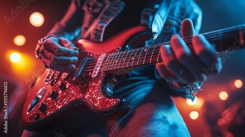 Passionate guitar performance at a live concert illuminated by vibrant stage ...