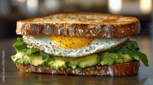 Breakfast sandwich featuring scrambled eggs, tomatoes, and arugula on whole g...