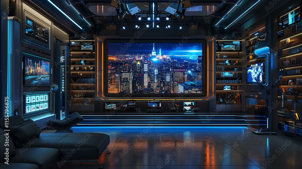 An advanced and modern TV studio with a high-tech control room and futuristic cityscape views An advanced and modern TV studio with a high-tech control room and futuristic cityscape views