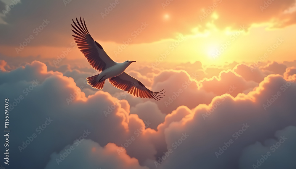 Fototapeta premium Bird soaring above clouds at sunrise, wings outstretched against golden light