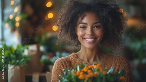 Beautiful woman smiling while holding a bouquet of flowers in a cozy indoor s...