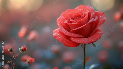 Bright red rose blooms in a vibrant garden during early morning light