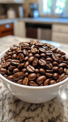 Freshly roasted coffee beans displayed in a bowl at a local cafe during the m...