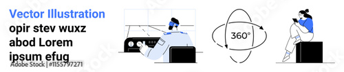 Professional at control panel, 360-degree rotation diagram, person reading on a box. Ideal for technology, data analysis, user interface design, automation, virtual reality, instructions