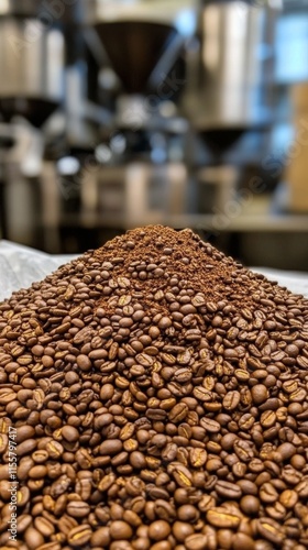 Freshly roasted coffee beans displayed in a bowl at a local cafe during the m...