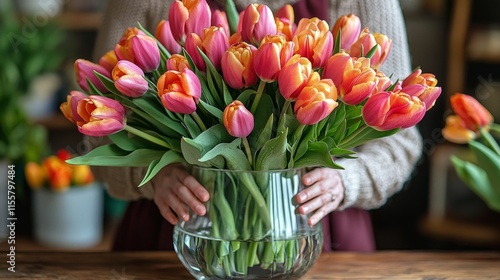 Colorful tulips arranged in a clear vase held by a person in a cozy indoor se...