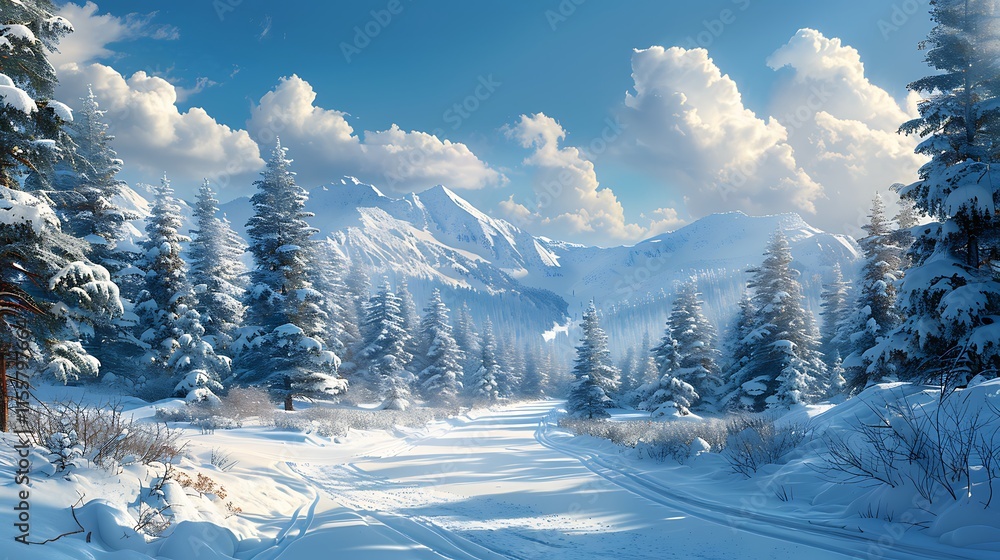 Fototapeta premium Snowy landscape with a dense forest and blue sky