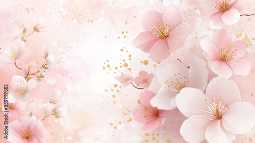 A soft, pastel floral design featuring blooming cherry blossoms on a textured background.