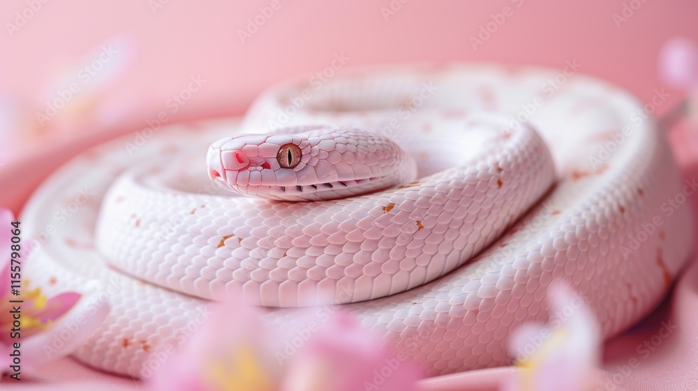 Fototapeta premium Pastel Pink Albino Snake Curled Amongst Delicate Blossoms