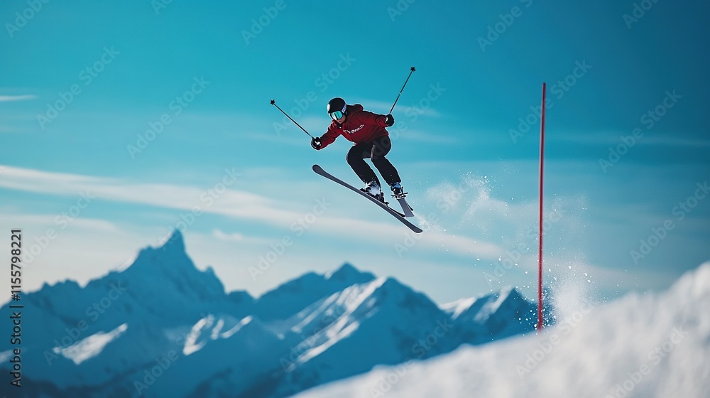 Thrilling aerial shot of a skier soaring through the crisp mountain air, showcasing exhilarating winter sports action against a vibrant blue sky. Thrilling aerial shot of a skier soaring through the crisp mountain air, showcasing exhilarating winter sports action against a vibrant blue sky.