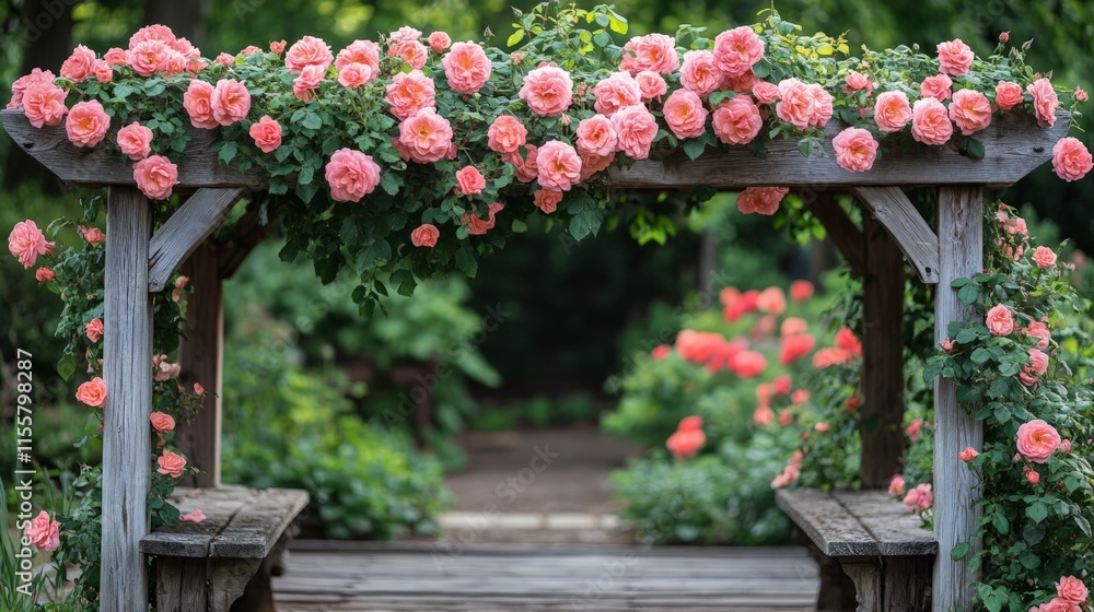 Fototapeta premium Colorful rose archway at sunset in a serene garden