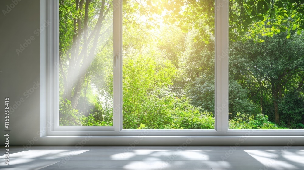 Naklejka premium Bright sunlight streaming through a window showcasing a lush garden brimming with greenery and life. Generative AI