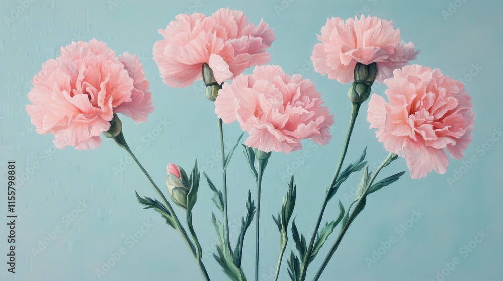 Obraz premium Five pale pink carnations on a teal background.