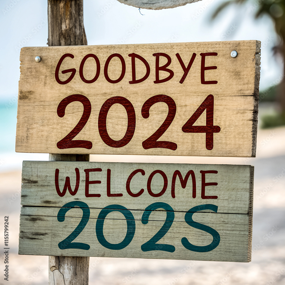 Wooden Sign Welcoming 2025, Farewell to 2024, Festive New Year Concept with Blurred Background Wooden Sign Welcoming 2025, Farewell to 2024, Festive New Year Concept with Blurred Background