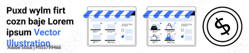 Online storefronts showcasing various product categories under blue awnings, accompanied by a dollar sign within a circle. Ideal for e-commerce, marketing strategies, retail analysis, online