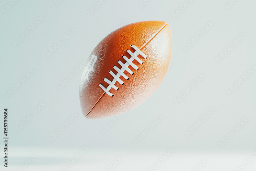 High-end product shot of official American football, suspended against infinity white backdrop, showing perfect leather texture and raised laces. High-end product shot of official American football, suspended against infinity white backdrop, showing perfect leather texture and raised laces.