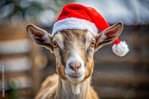 Festive goat wearing a Santa hat, spreading holiday cheer with its adorable expression and Christmas themed outfit. photo