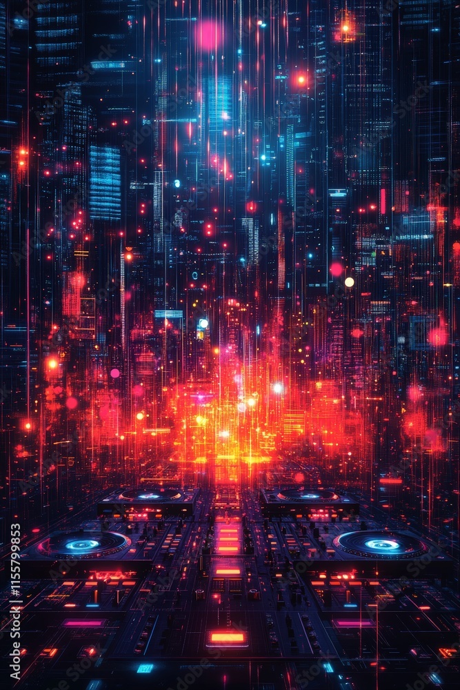 Naklejka premium Vibrant digital music studio with illuminated controls and futuristic background