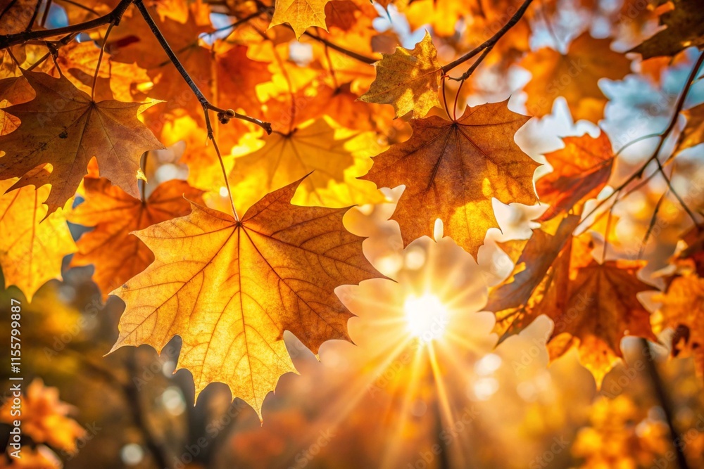 Warm rays of golden sunlight shining through orange and yellow autumn leaves, showcasing a peaceful seasonal scene. Warm rays of golden sunlight shining through orange and yellow autumn leaves, showcasing a peaceful seasonal scene.