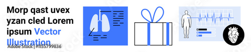 Block of text, diagram of human lungs on monitor, wrapped gift box, heartbeat graph with human outline, heart icon. Ideal for healthcare, technology, gift industry, health diagnostics medical