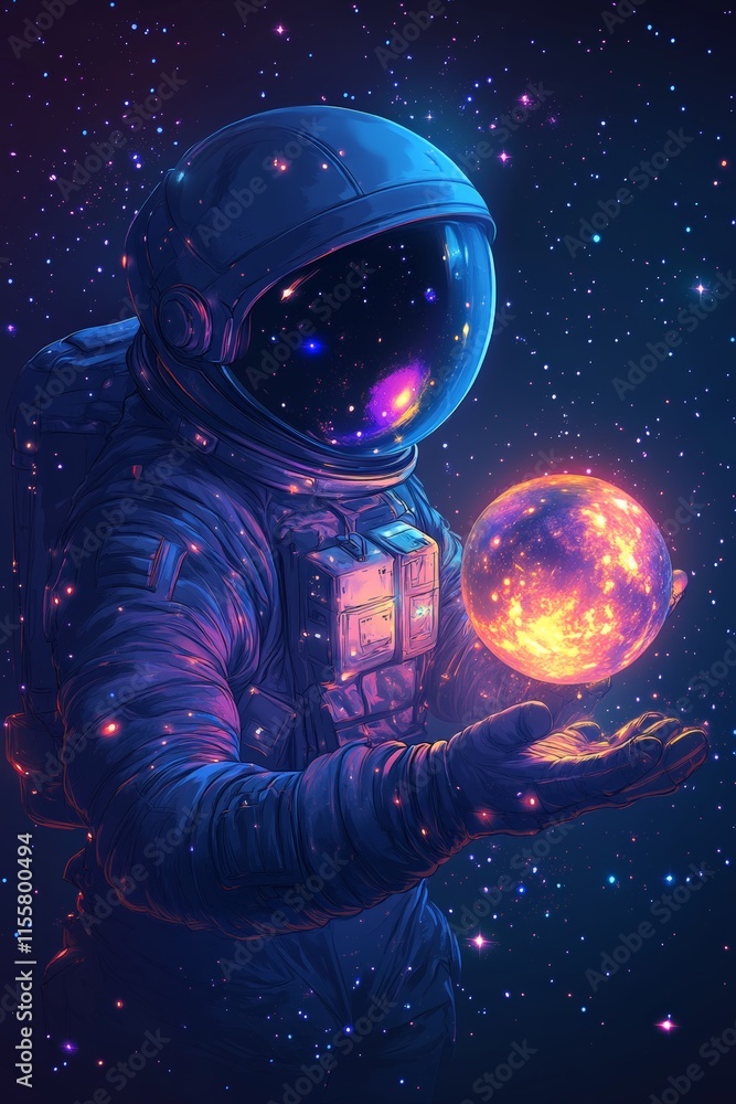 Astronaut explores the cosmos while holding a glowing celestial sphere in deep space Astronaut explores the cosmos while holding a glowing celestial sphere in deep space