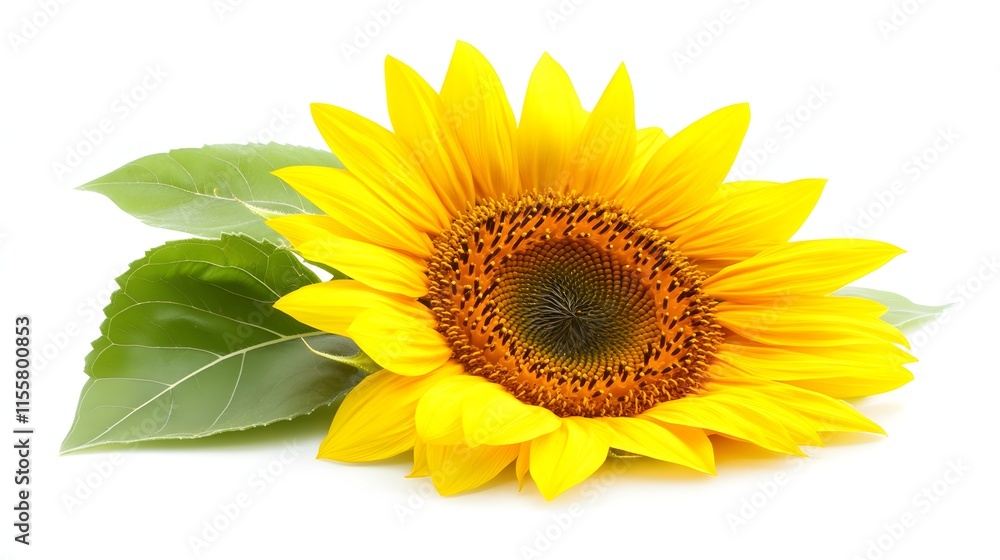 Fototapeta premium A Single Sunflower with Vibrant Yellow Petals and Green Leaves