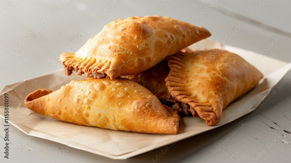 Empanadas filled with meat, arranged on a paper tray, Street food photography Empanadas filled with meat, arranged on a paper tray, Street food photography