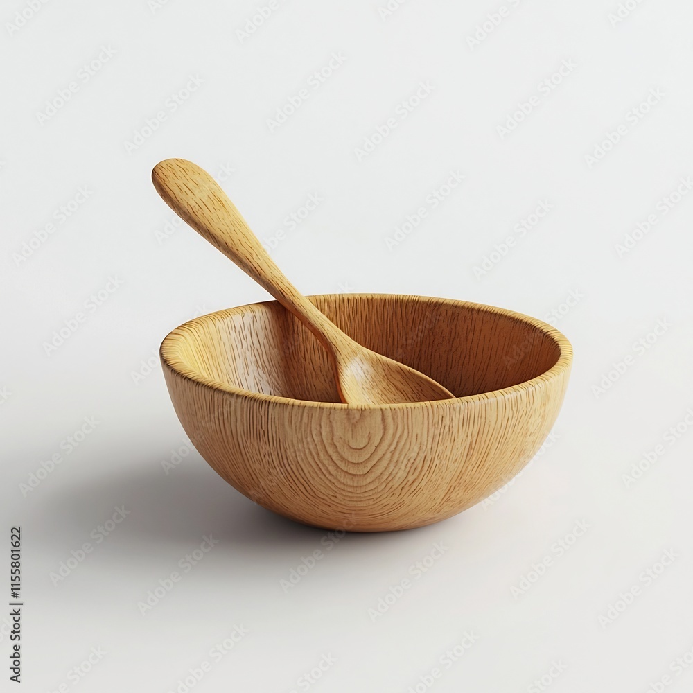 Closeup of Elegant Wooden Bowl and Spoon on Solid White Background Closeup of Elegant Wooden Bowl and Spoon on Solid White Background