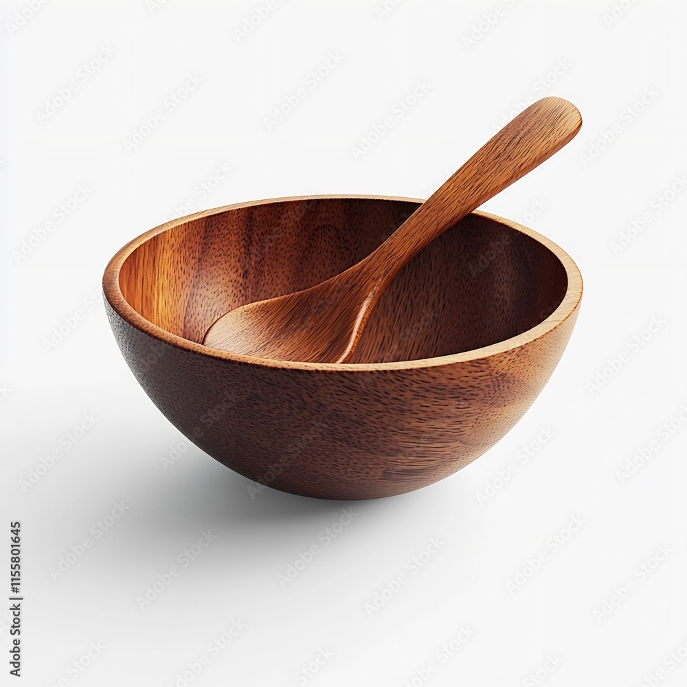 Close up of Wooden Bowl and Spoon on Solid White Background Close up of Wooden Bowl and Spoon on Solid White Background